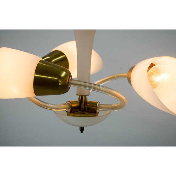Image 1 of Vintage Glas und Messing Kronleuchter mit 3 Flammen, Tschechoslowakei 1950