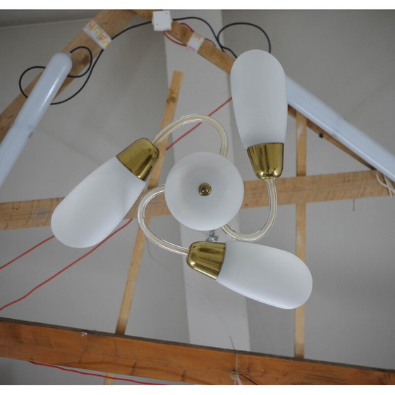 Image 1 of Vintage Glas und Messing Kronleuchter mit 3 Flammen, Tschechoslowakei 1950