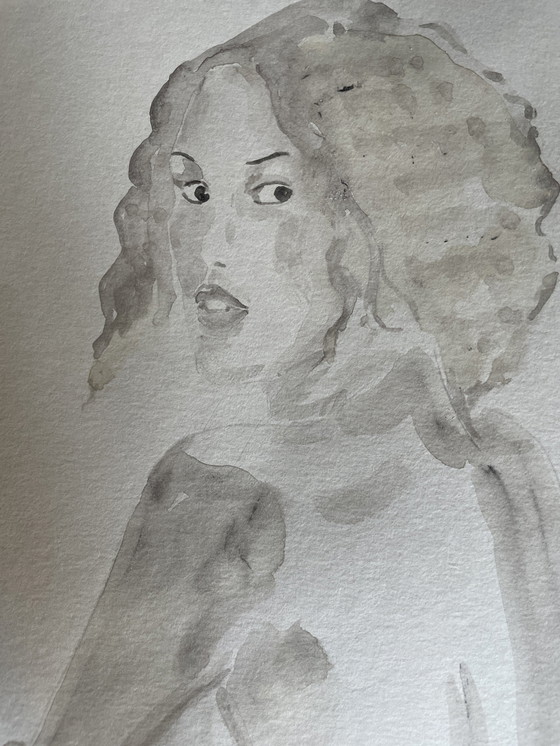 Image 1 of Aquarell Sepia Porträt Frau "Blick"