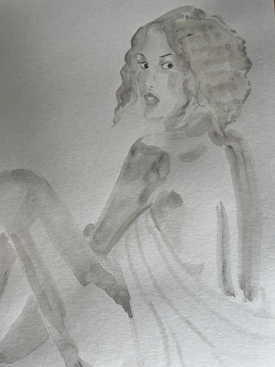 Image 1 of Aquarell Sepia Porträt Frau "Blick"