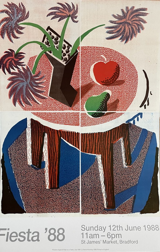 David Hockney, "Blumen, Apfel und Birne auf einem Tisch, Juli 1986", Copyright David Hockney 1986, gedruckt in England