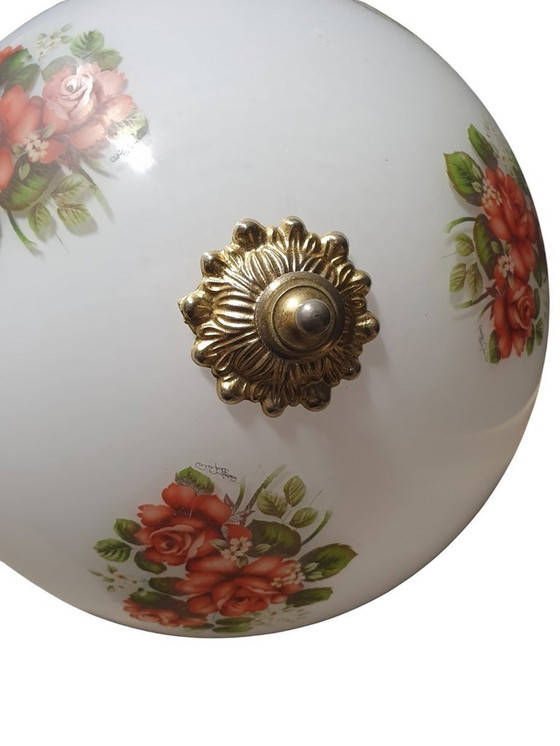 Image 1 of 2065 Antike Glas Pendelleuchte mit Rosen und Kupfer