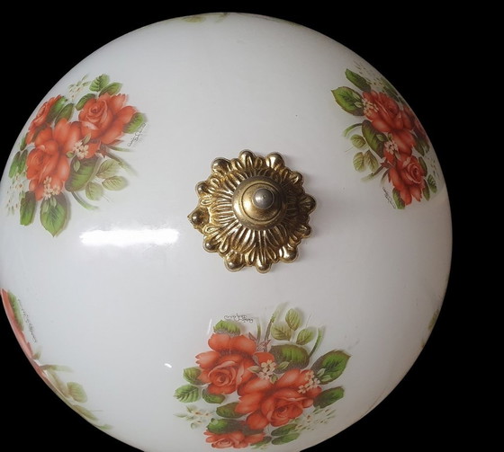 Image 1 of 2065 Antike Glas Pendelleuchte mit Rosen und Kupfer