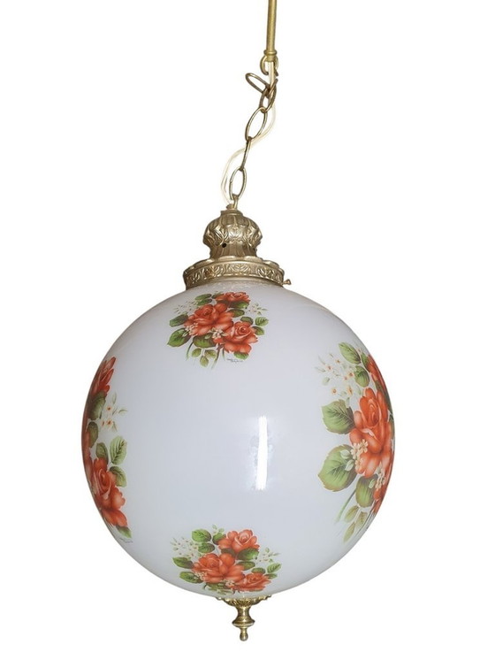 Image 1 of 2065 Antike Glas Pendelleuchte mit Rosen und Kupfer