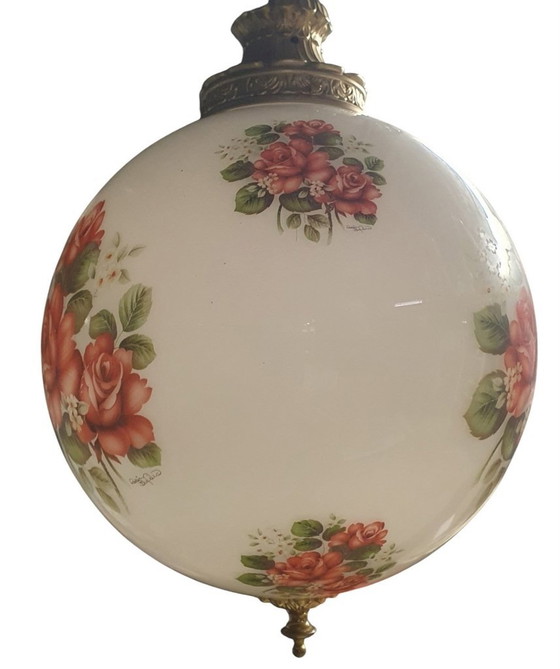 Image 1 of 2065 Antike Glas Pendelleuchte mit Rosen und Kupfer