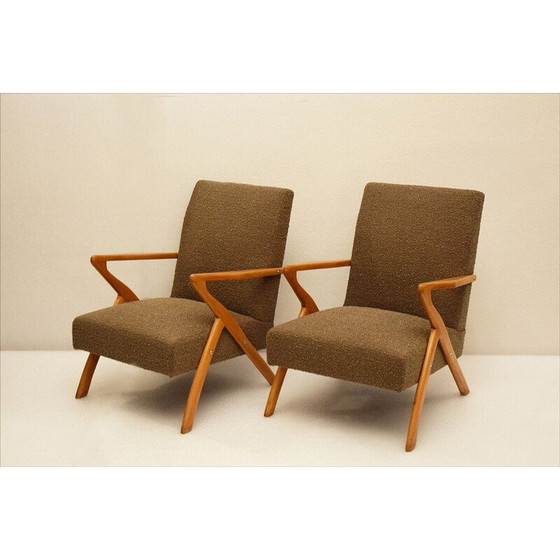 Image 1 of Paar skandinavische Vintage-Sessel aus Holz und Bouclé-Stoff, 1950