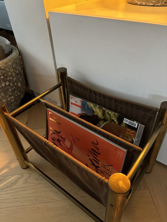 Image 1 of Vintage Zeitschriftenständer aus vergoldetem Metall und Stoff