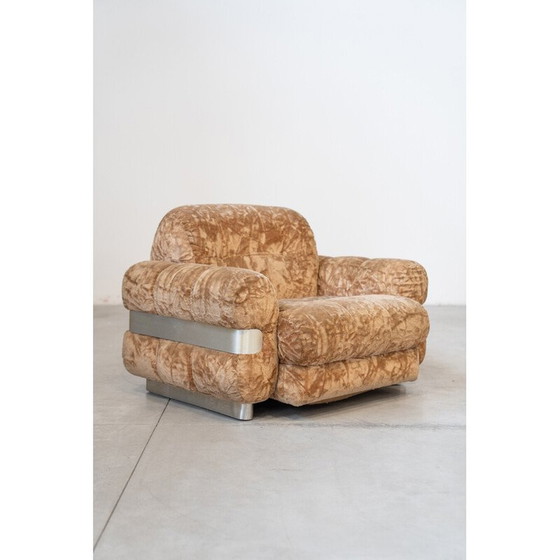 Image 1 of Vintage Chenille-Sessel aus gebürstetem Aluminium, Italien 1970