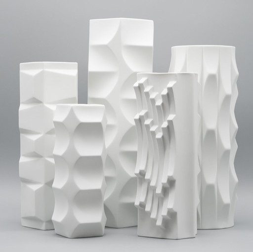 Hutschenreuther Biskuit-Porzellan Archais 5× Vasen-Set Heinrich Fuchs Op Art Retro