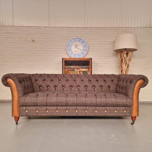 Candytuft 3-Sitzer Harris Tweed Sofa - Graue Wolle & Cerato Leder