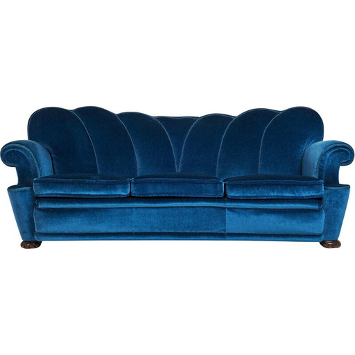 Art-Deco-Sofa aus blauem Samt, Schweden 1940er Jahre