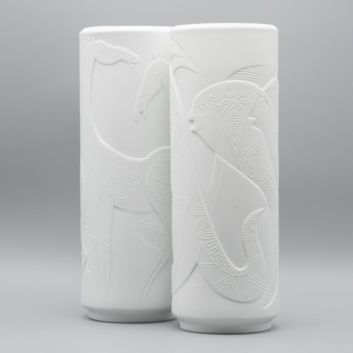 Seltene Cuno Fischer Vase Duo H 34Cm Hutschenreuther Bisque Porzellan Tier Relief