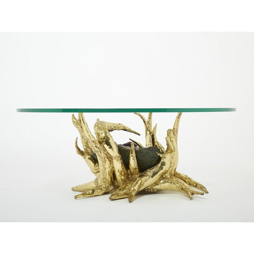 Vintage Couchtisch mit Amethyst-Bronzeskulptur von Richard Faure, 1970