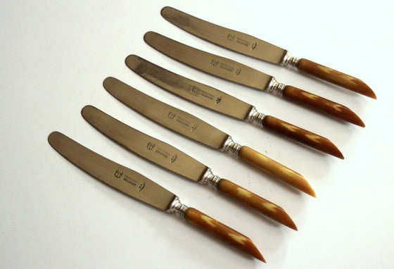 Image 1 of 1920S - 6 Antike Buttermesser/Obstmesser Mit Braun-Marmoriertem Griff - Feinstahl Aus Solingen
