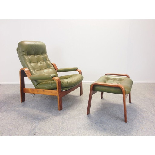 Vintage-Sessel mit grünem Leder und Ottomane von G-Mobel, 1970er Jahre