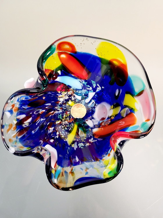 Image 1 of Mehrfarbige Murano-Schale, mundgeblasenes organisches Muster mit silbernen Blättern, Italien