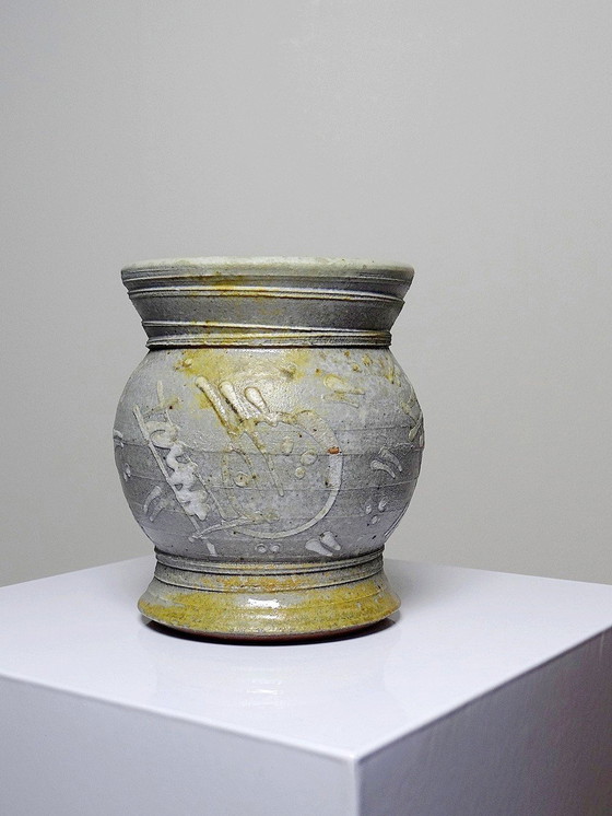 Image 1 of Kleine Vase Zweiseitig, Steinzeug glasiert Handwerkliche Vintage Signature Zu Identifizieren