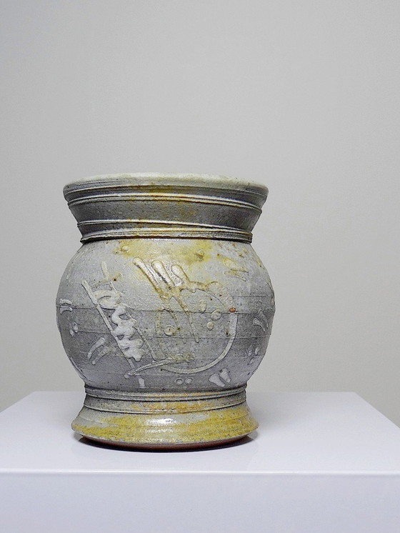 Image 1 of Kleine Vase Zweiseitig, Steinzeug glasiert Handwerkliche Vintage Signature Zu Identifizieren