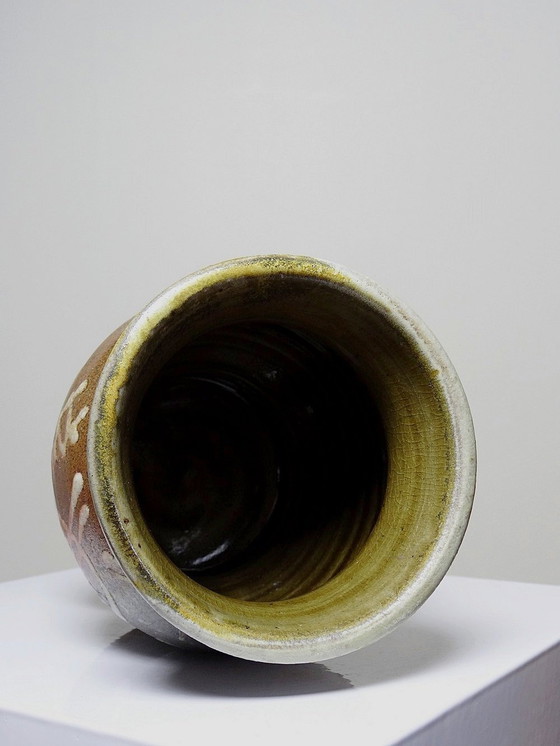 Image 1 of Kleine Vase Zweiseitig, Steinzeug glasiert Handwerkliche Vintage Signature Zu Identifizieren