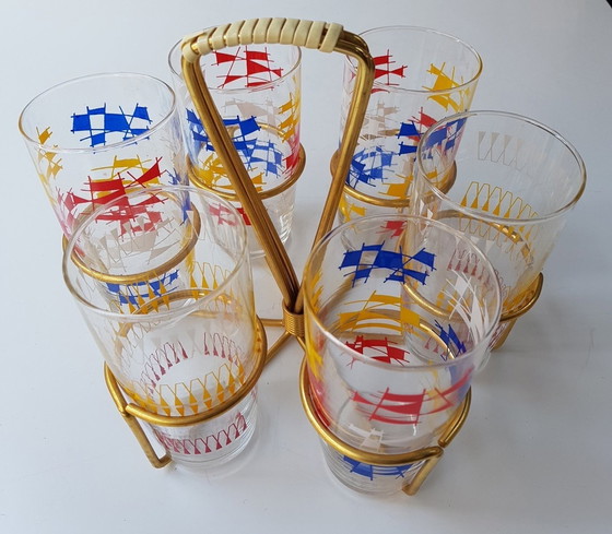 Image 1 of 6X Konfetti dekoriert Trinkgläser in Messing Halter, 1950S