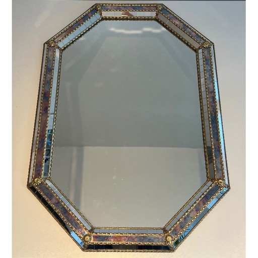 Rechteckiger Vintage-Spiegel aus facettenreichen Spiegeln und Messinggirlanden, Frankreich 1970