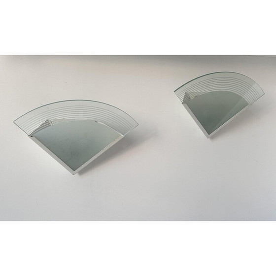 Image 1 of Paar Vintage-Wandlampen aus weiß lackiertem Metall und sandgestrahltem Glas, Frankreich 1970