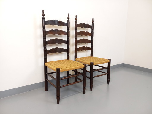 Paar Vintage Arts & Crafts Style Stühle Antonio Calligaris Eichenholz Und Seil Aus Den 50er Jahren