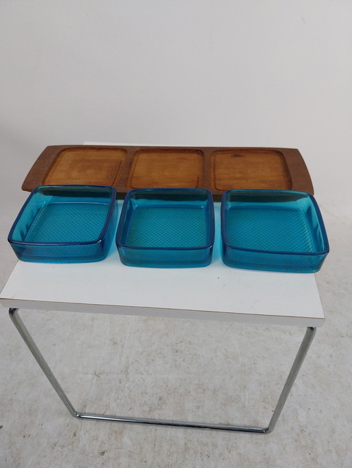 1 x Deutschland Made Pindaschalen Set - Blau Glas Teak 1960's