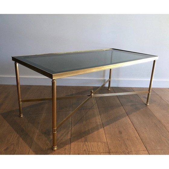 Image 1 of Vintage Couchtisch aus vergoldetem Metall mit bläulicher Glasplatte, 1940