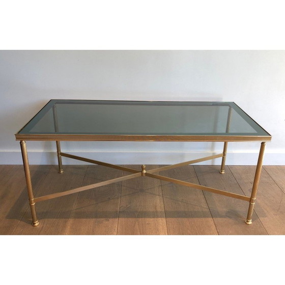 Image 1 of Vintage Couchtisch aus vergoldetem Metall mit bläulicher Glasplatte, 1940