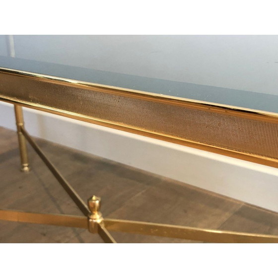 Image 1 of Vintage Couchtisch aus vergoldetem Metall mit bläulicher Glasplatte, 1940