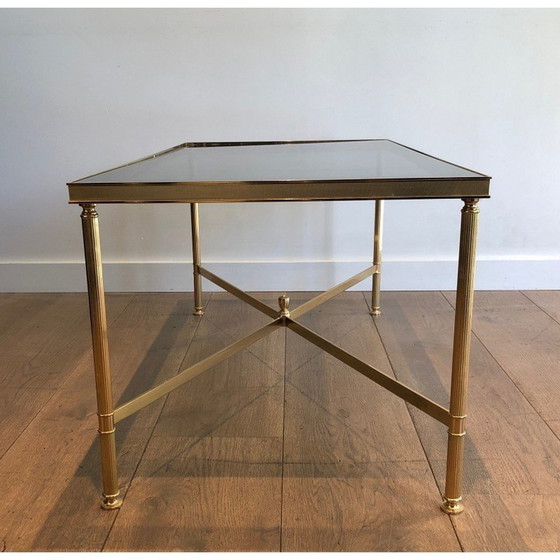 Image 1 of Vintage Couchtisch aus vergoldetem Metall mit bläulicher Glasplatte, 1940
