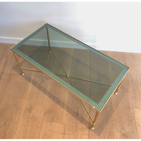 Image 1 of Vintage Couchtisch aus vergoldetem Metall mit bläulicher Glasplatte, 1940