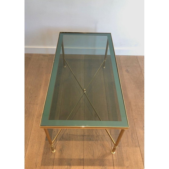 Image 1 of Vintage Couchtisch aus vergoldetem Metall mit bläulicher Glasplatte, 1940