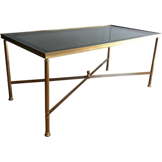 Image 1 of Vintage Couchtisch aus vergoldetem Metall mit bläulicher Glasplatte, 1940