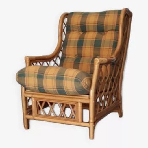 Vintage Sessel aus Bambus und Rattan, zweifarbig, Tartan-Look