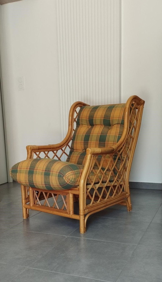 Image 1 of Vintage Sessel aus Bambus und Rattan, zweifarbig, Tartan-Look