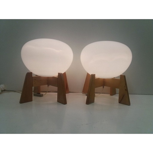 Paar alte Lampen aus Opalglas und Holz für Uluv, Tschechoslowakei 1960