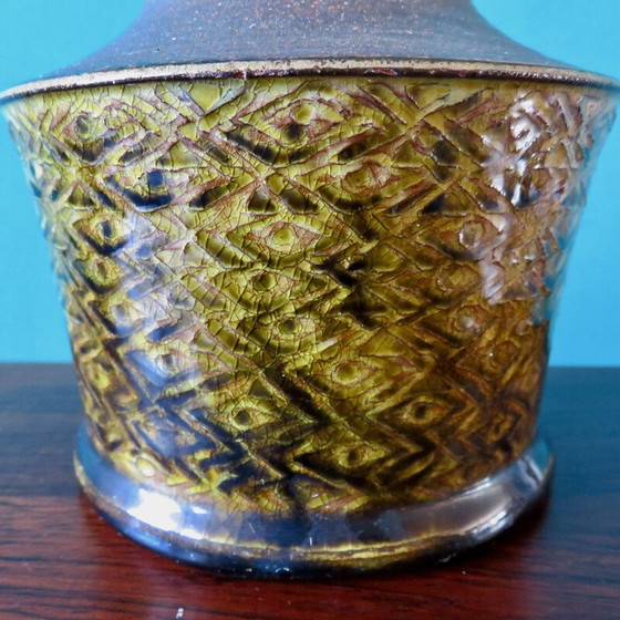 Image 1 of Vintage Nachttischlampe aus Sandstein und ockerfarbenem Email von Nils Khaler, Dänemark 1965