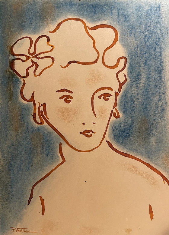 Image 1 of Gemälde Tinte und Pastell Porträt Frau Art Deco