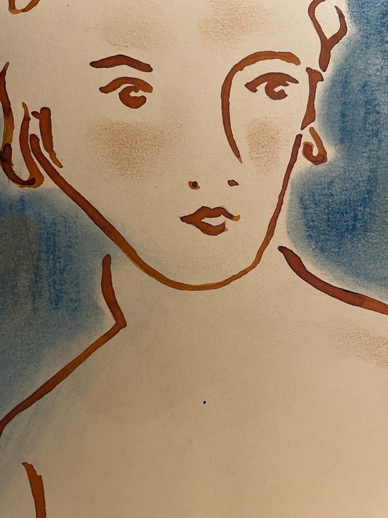 Image 1 of Gemälde Tinte und Pastell Porträt Frau Art Deco