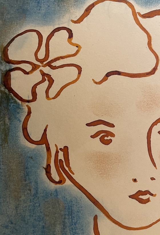 Image 1 of Gemälde Tinte und Pastell Porträt Frau Art Deco