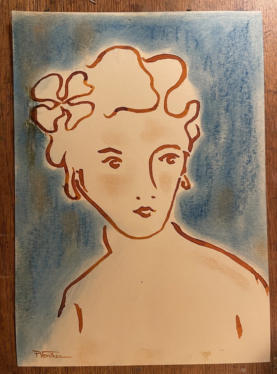 Image 1 of Gemälde Tinte und Pastell Porträt Frau Art Deco