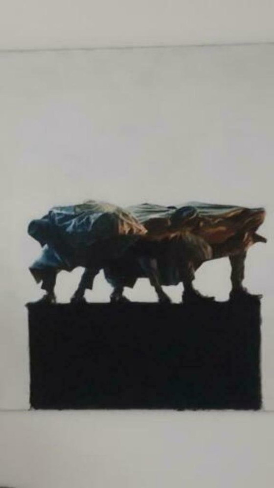 Image 1 of Kunst Gemälde Originalstück! Hans Leijerrzapf mit dem Titel: "Eilende Drillinge auf Grün"