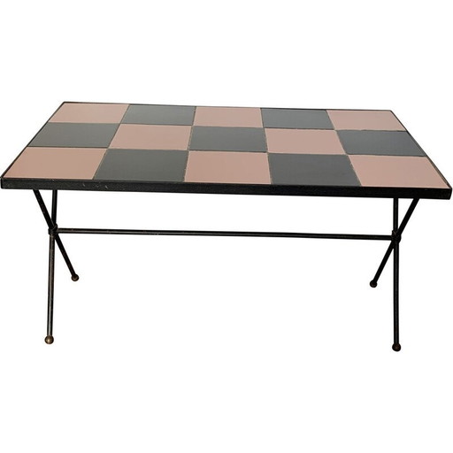 Vintage Couchtisch aus Metall und schwarzem und rosa Schachbrettmuster