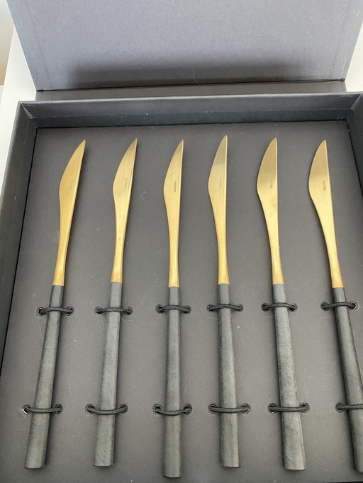 6x Wilffert & Wilffert 24K vergoldete Messer mit schwarzem Kunstharzgriff