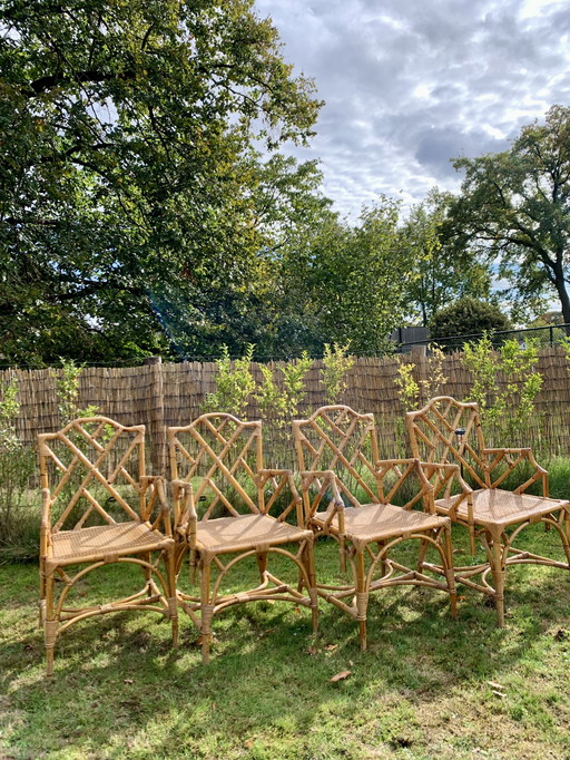 4x Vintage Rattanstühle mit Bambus und Korbgeflecht, Set