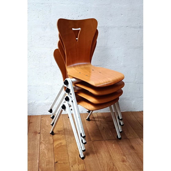 Image 1 of Vintage-Community-Stuhl aus Holz und weiß getöntem Metallgestell