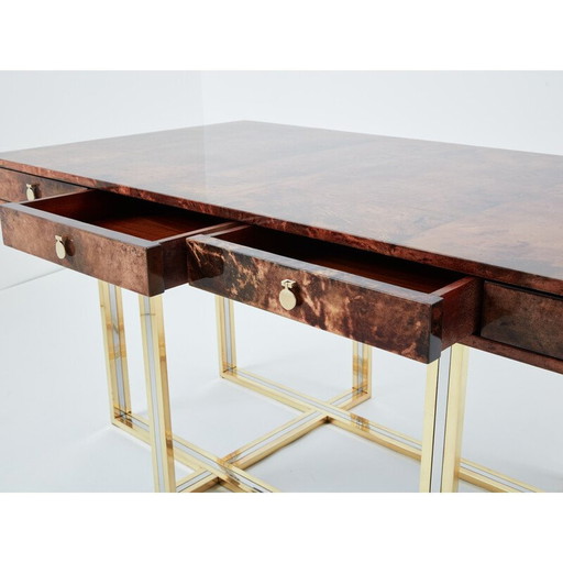 Vintage Messing und Chrom braun Pergament Schreibtisch von Aldo Tura, Italien 1960