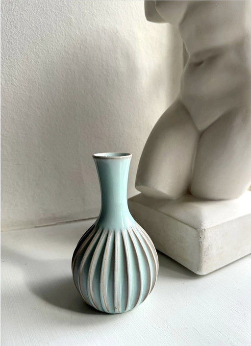 Vintage Schwedische Keramik Vase Relief, Handgemacht, 60S, Türkis Sammlerstück